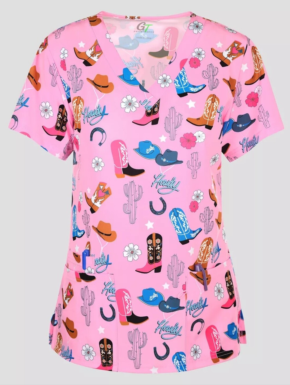 Pink Western Print Scrub Top Xl Gt Performance Green Town for Women Boots